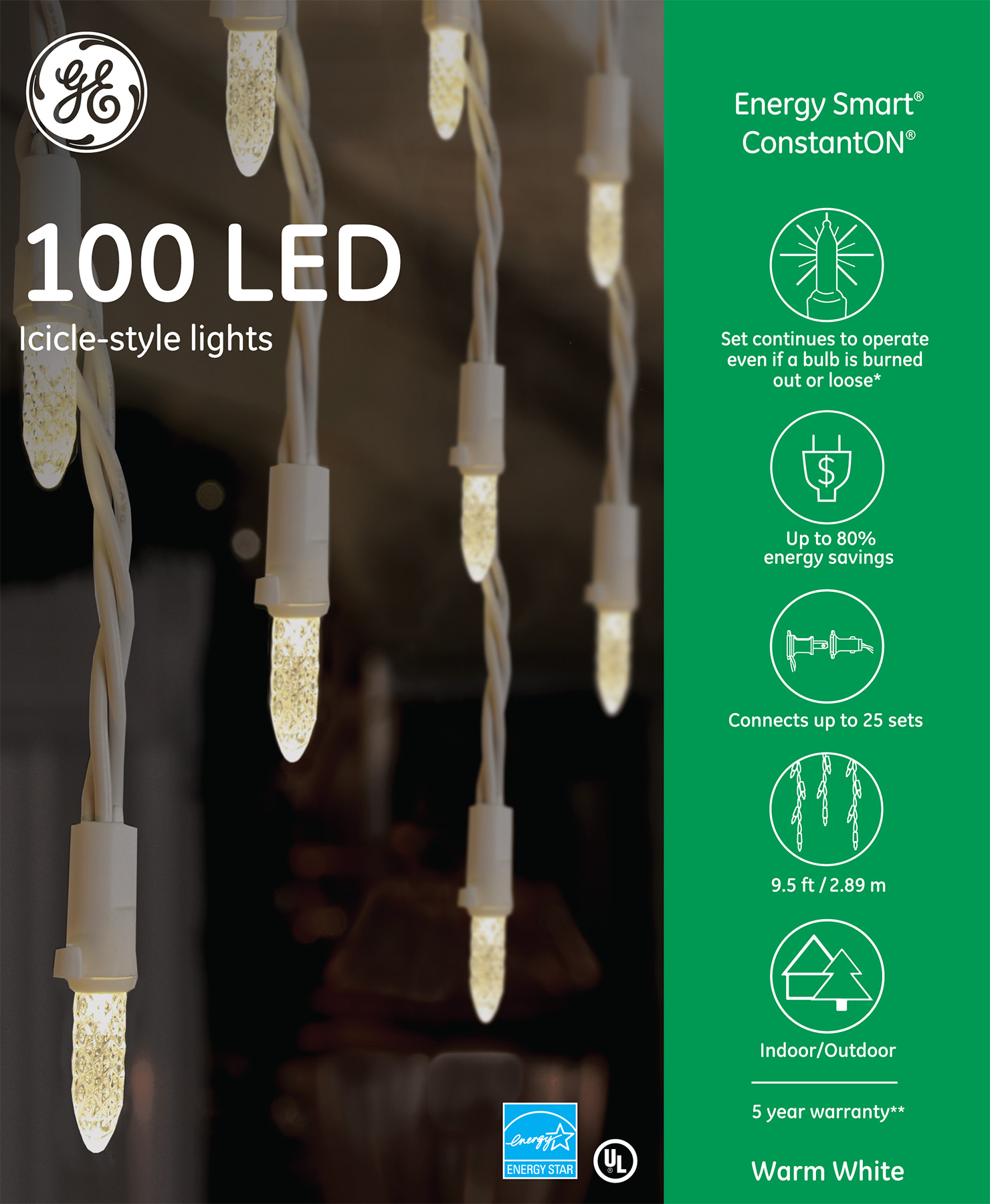97432 - GE Energy Smart ® LED Icicle-Style Lights, 100ct, Warm White.