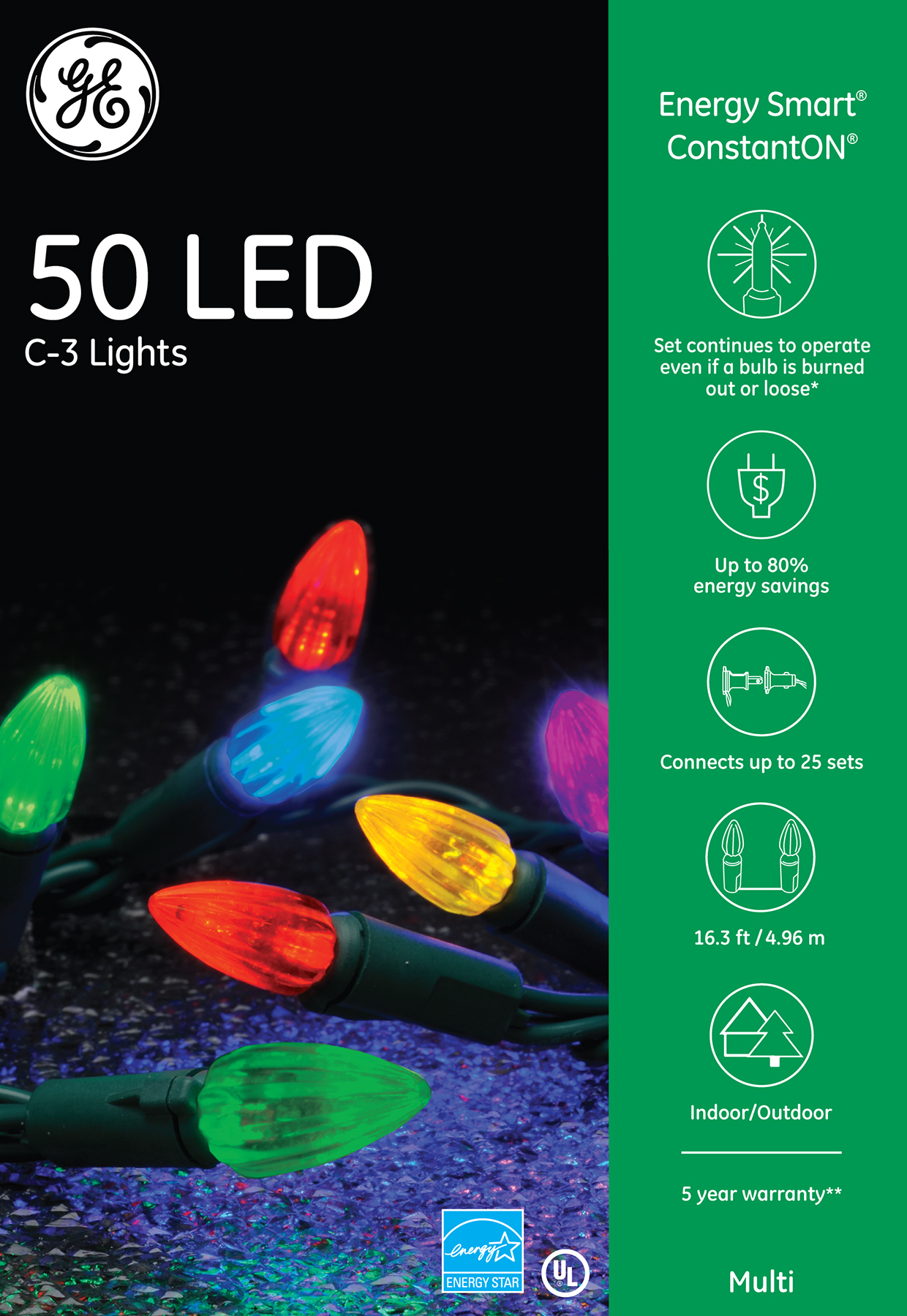 97255 GE Energy Smart® LED C3 Lights, 50ct, Multi GE Holiday Lighting