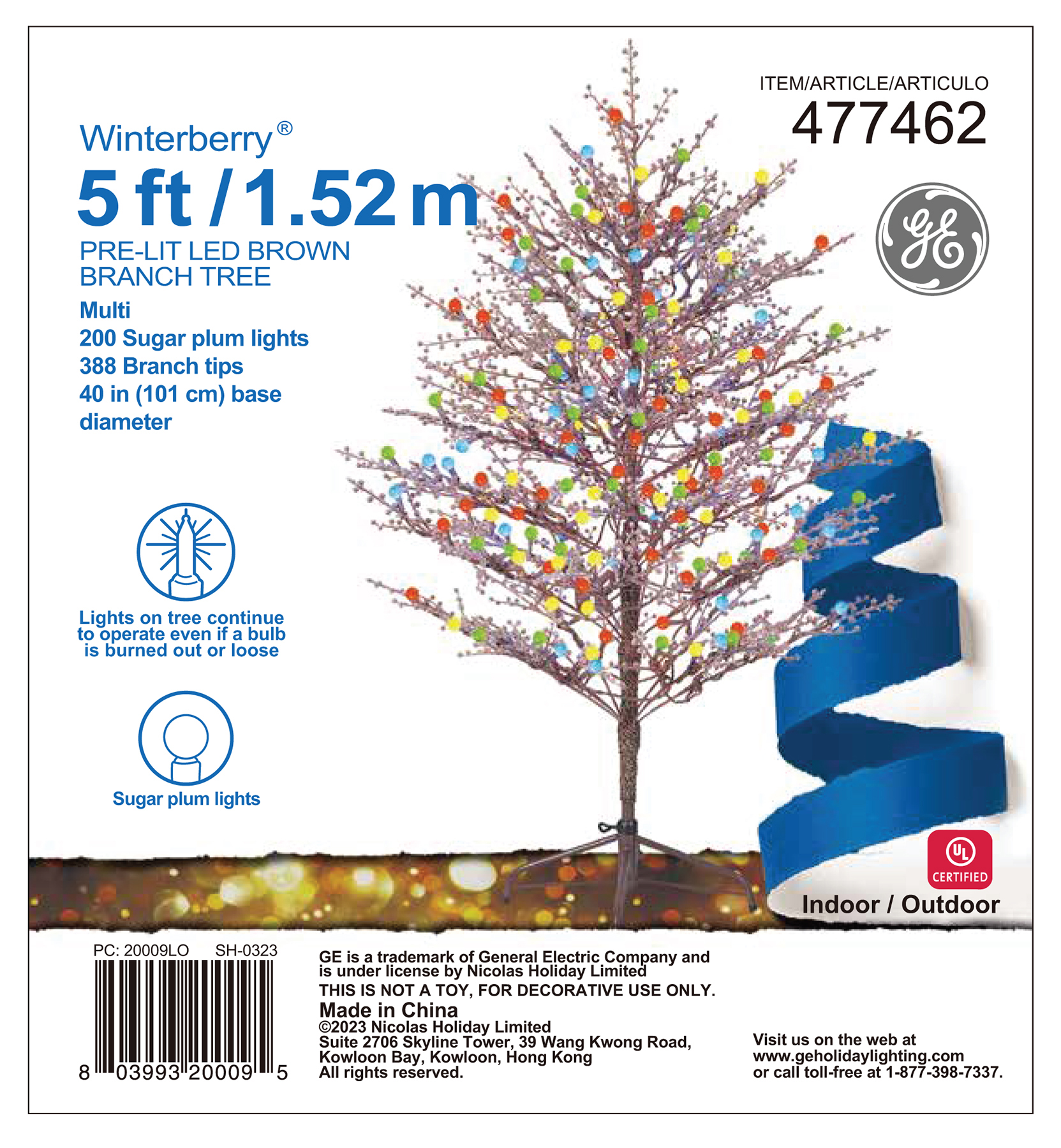 20009 - GE Winterberry® Brown Branch Tree, 5 ft., Energy Smart® LED, 200ct  Sugar Plum Lights, Multi – Holiday Lighting Support