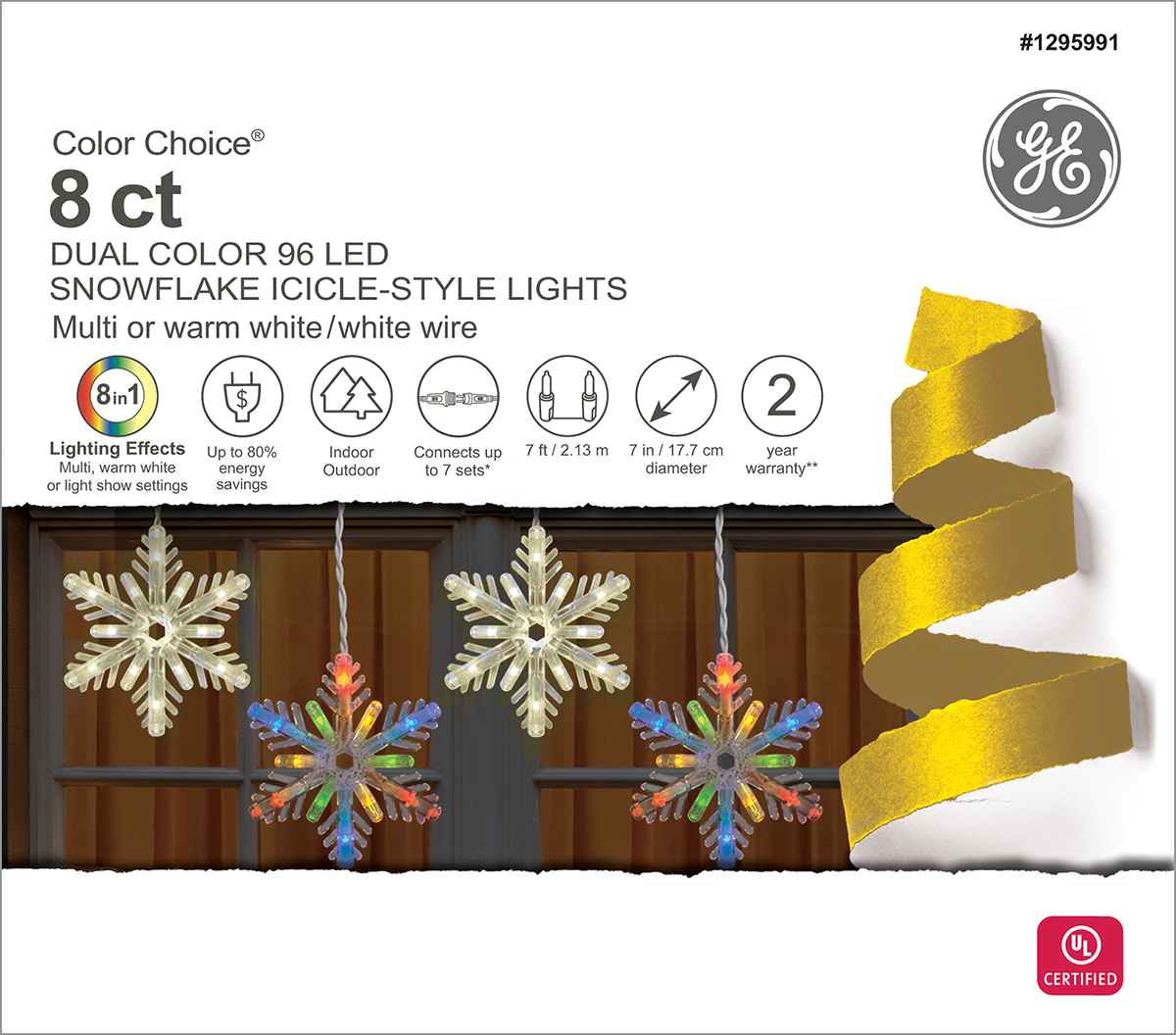 89450 - GE Color Choice® LED 8pc Snowflake Icicle-Style Lights, 96ct, Multi/Warm  White – Holiday Lighting Support