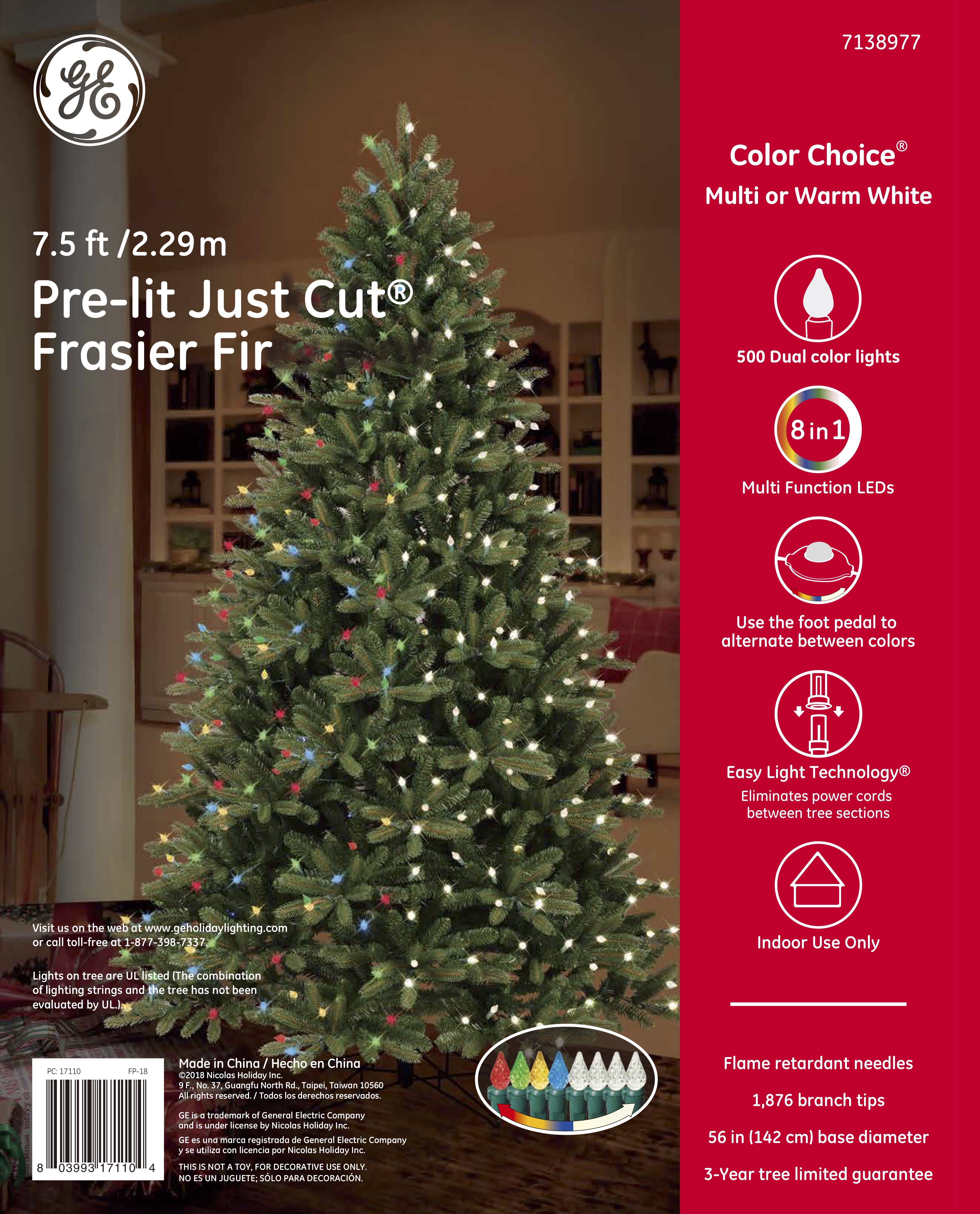 17110 - GE Just Cut® Frasier Fir, 7.5 ft., Color Choice® LED, 500ct C-4 Lights, Multi/Warm White ...
