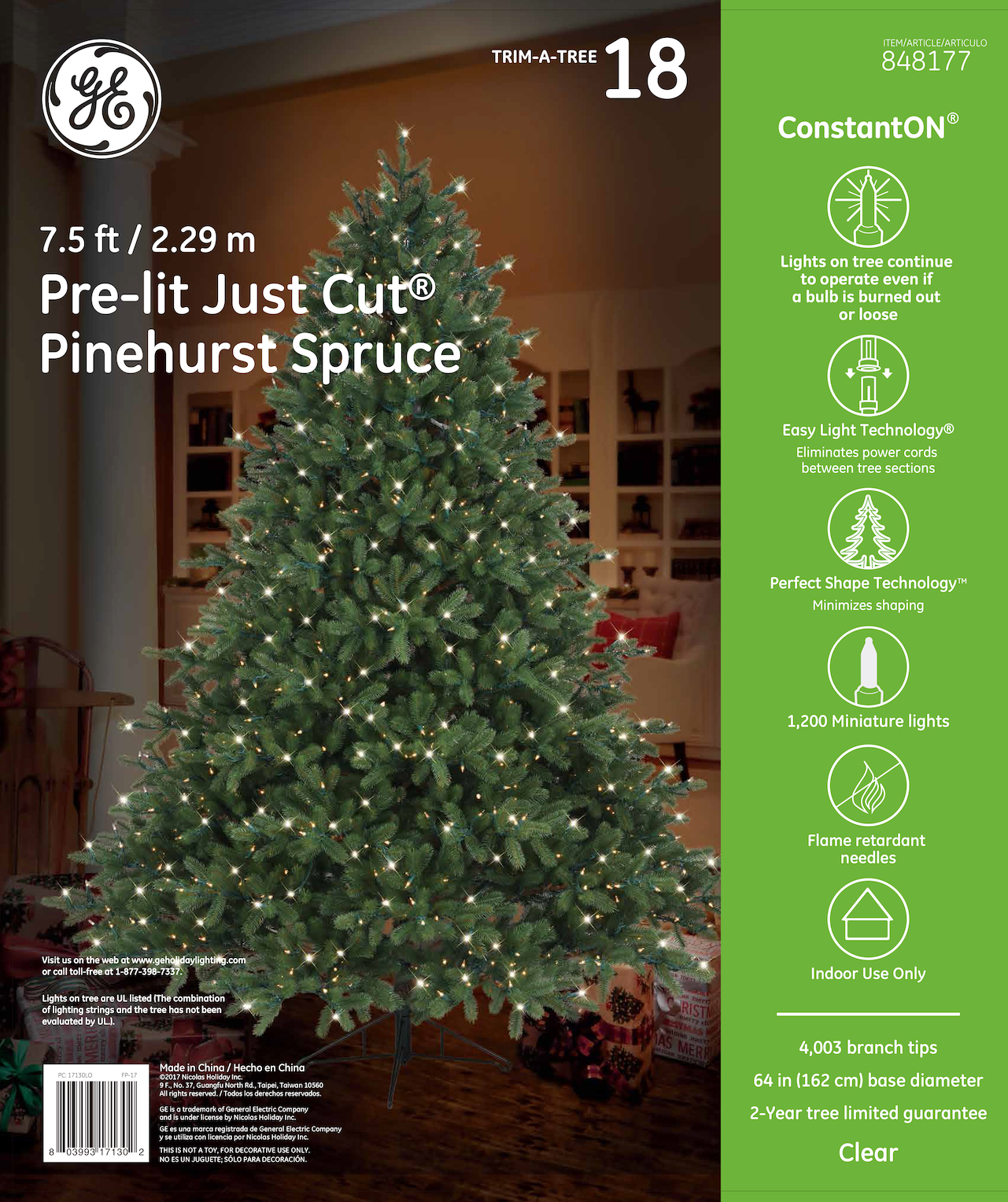 17130 - GE Just Cut® Pinehurst Spruce, 7.5 ft., ConstantON ...