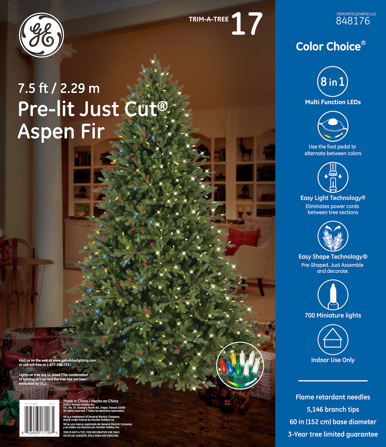 17126 - GE Just Cut® Aspen Fir, 7.5 ft., Color Choice® LED, 700ct 7mm Lights, Warm White/Multi ...
