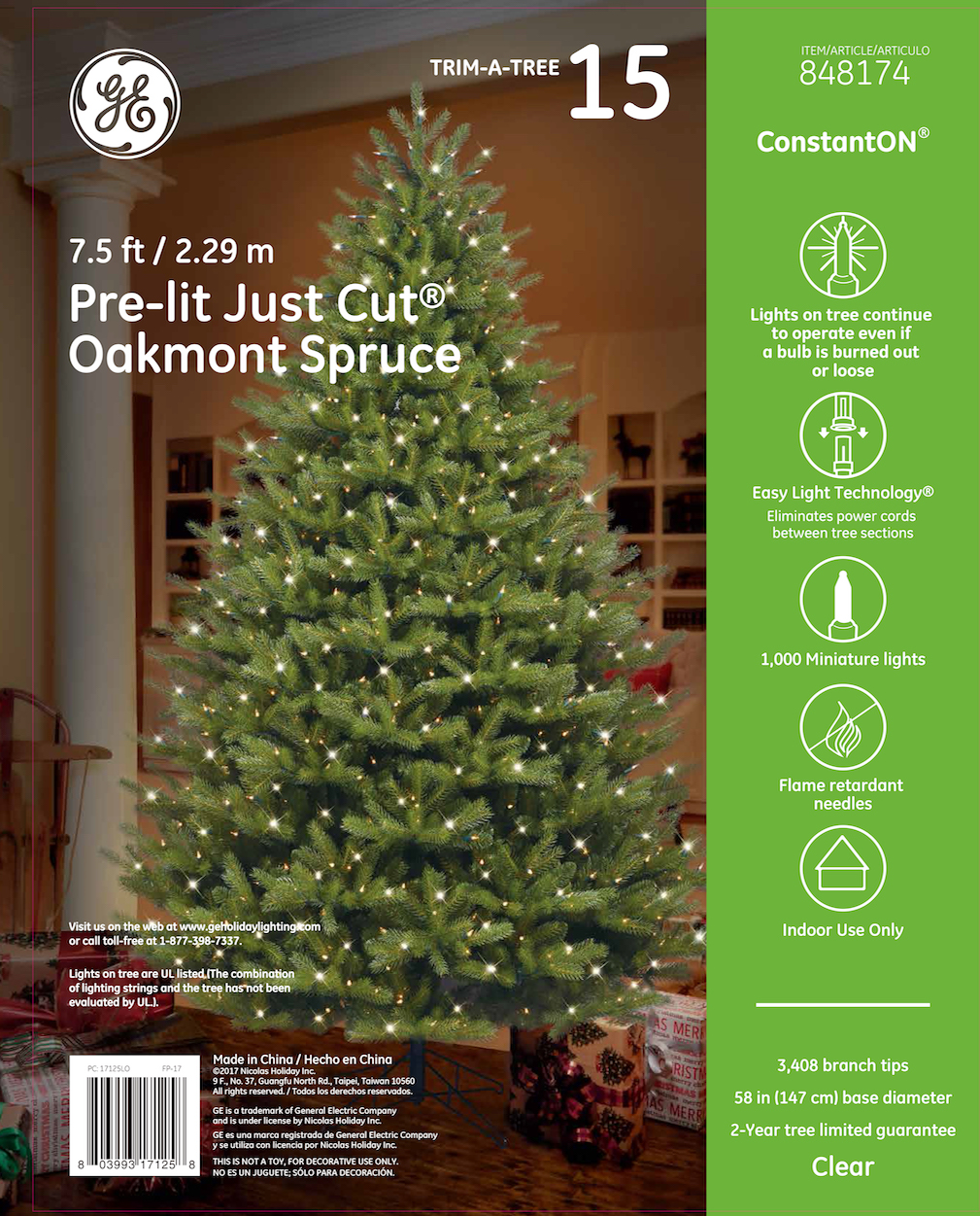 17125 - GE Just Cut® Oakmont Spruce, 7.5 ft., ConstantON® Incandescent, 1000ct Miniature Lights ...