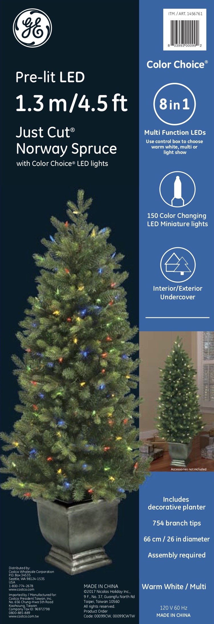 00099 - GE Just Cut® Pre-lit Norway Spruce, 4.5 ft., Color Choice® LED, 150ct 7mm Lights, Warm ...