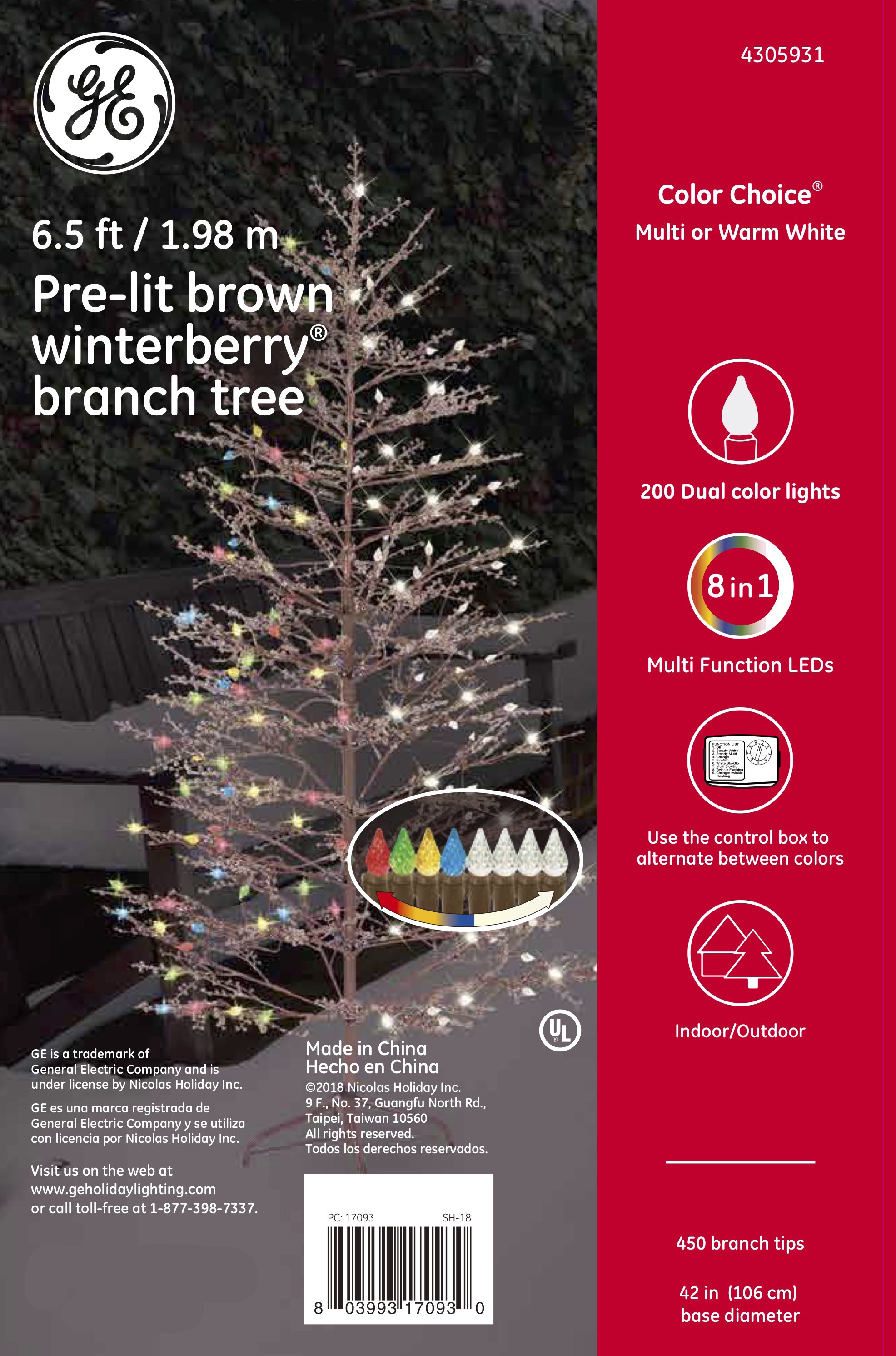 17093 - GE Brown Winterberry® Branch Tree, 6.5 ft., Color Choice® LED, 200ct C-4 Lights, Multi ...