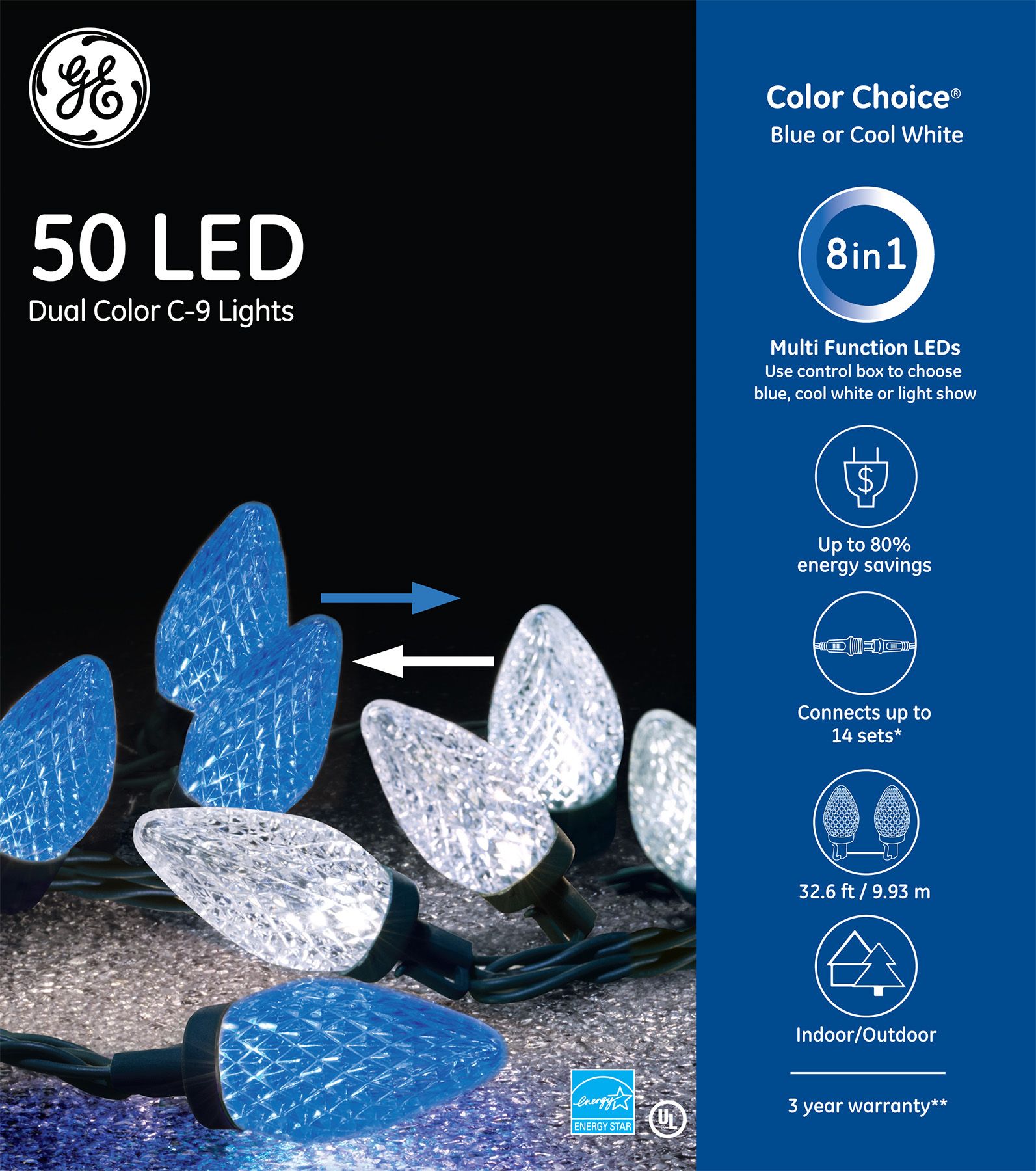 89120 GE Color Choice® LED C9 Lights, 50ct, Blue/Cool White GE