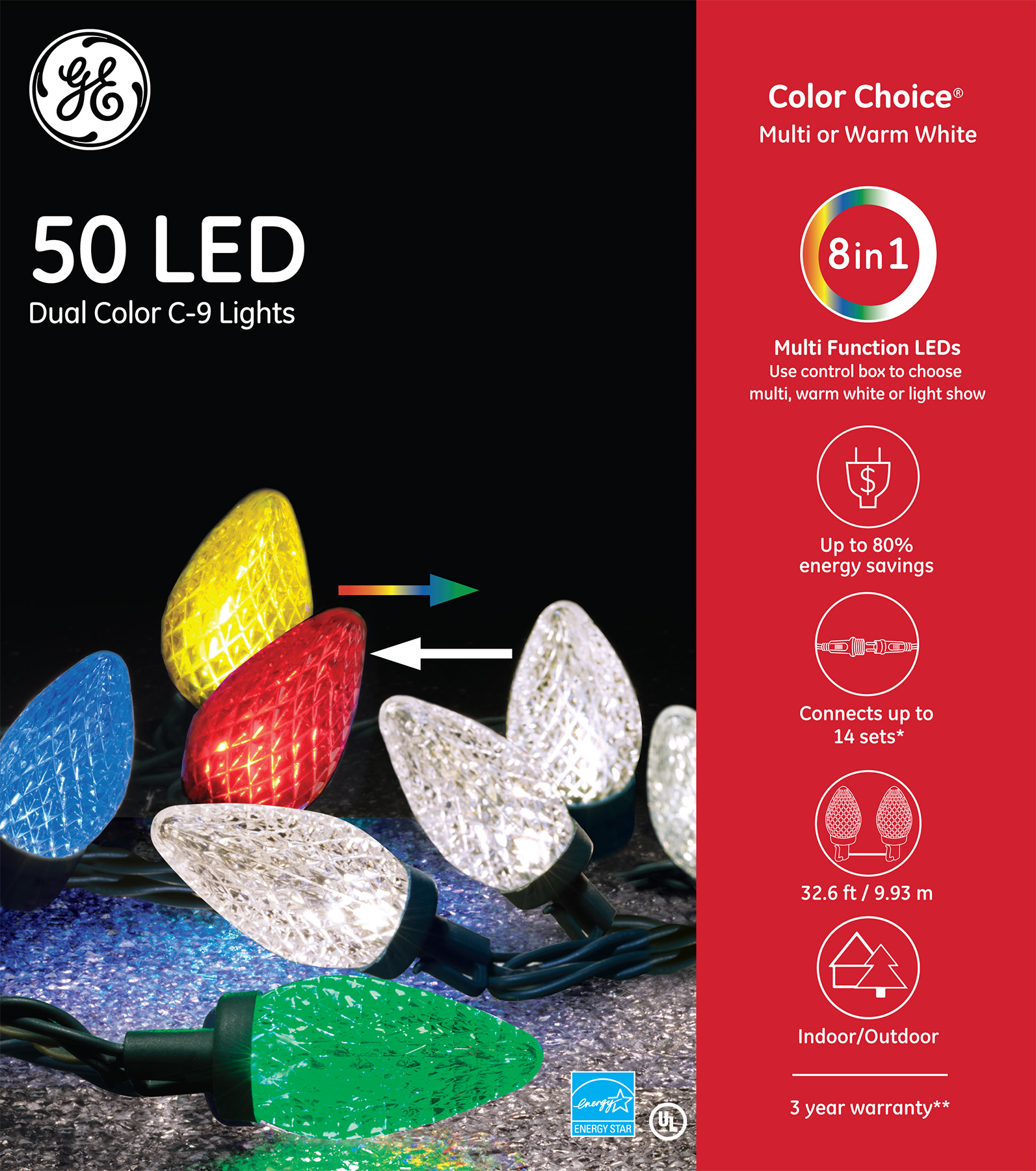 89420 GE Color Choice® LED C9 Lights, 50ct, Multi/Warm White GE
