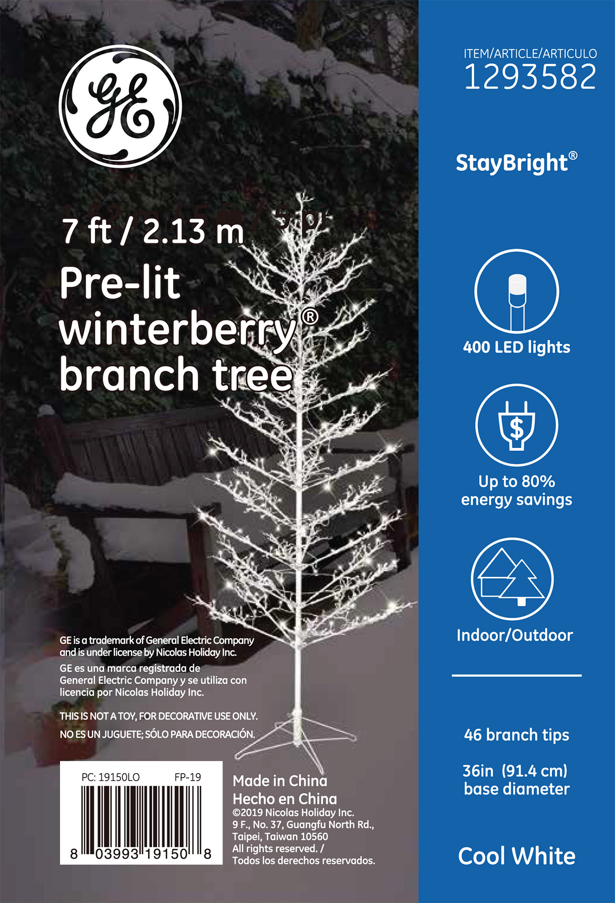 19150 - GE Winterberry® Branch Tree, 7 ft., StayBright® LED, 400ct MicroBright Lights, Cool ...
