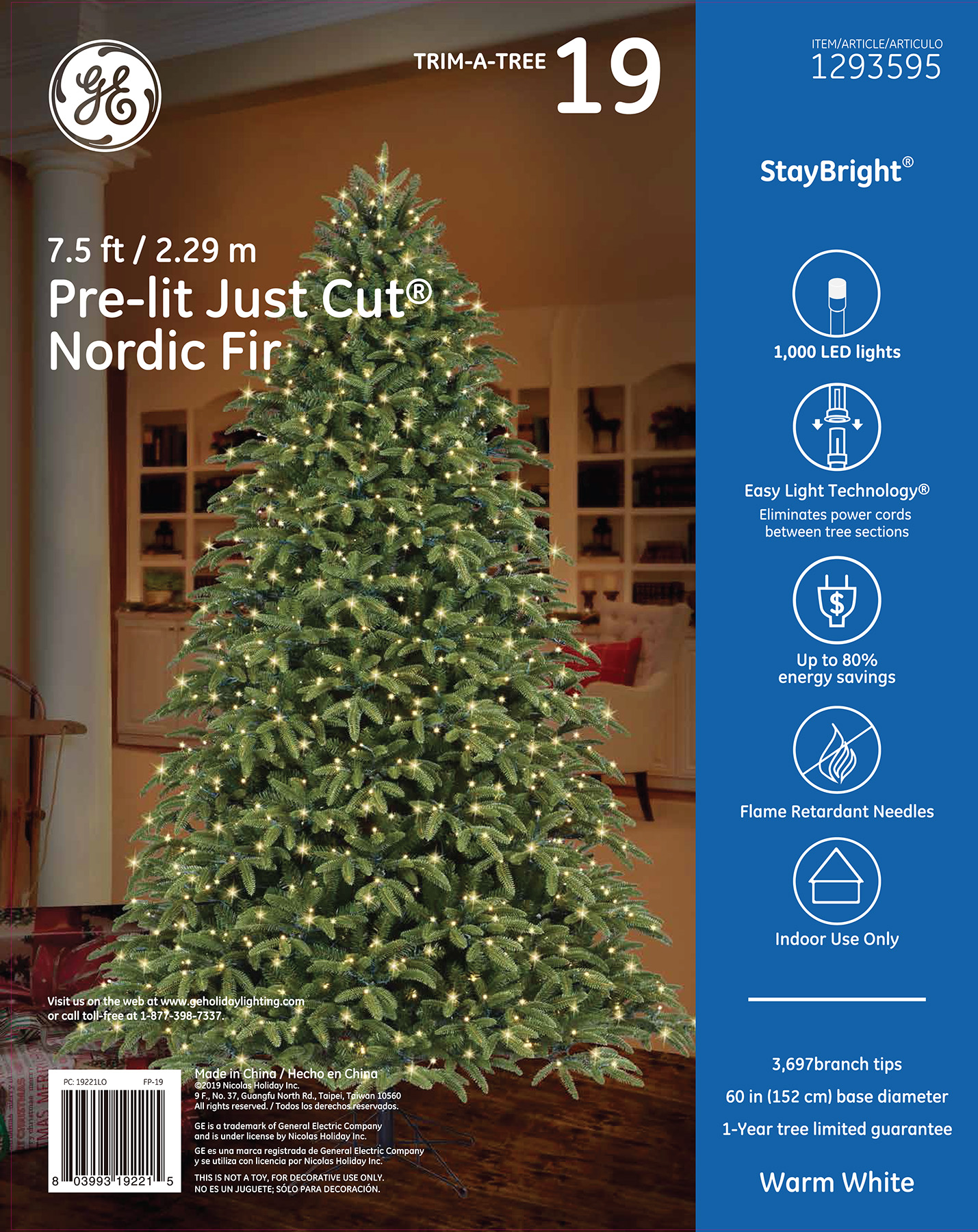 19221 - GE Just Cut® Nordic Fir, 7.5 ft., StayBright® LED, 1000ct MicroBright Lights, Warm White ...