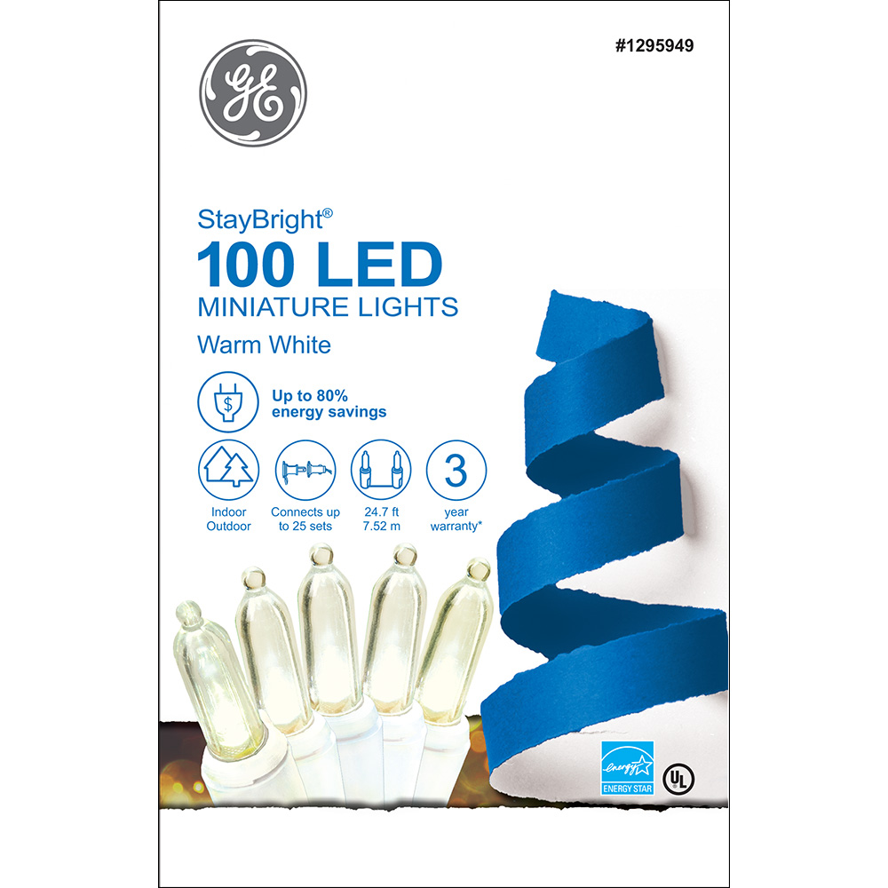 91016 GE StayBright® LED Miniature Lights, 100ct, Warm White, White