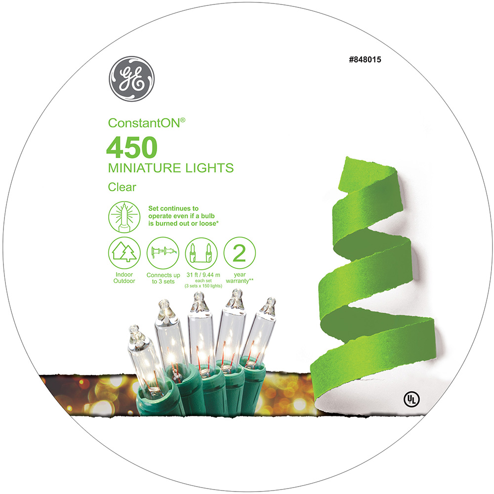 64476 GE ConstantON® Incandescent Miniature Lights, 450ct, Clear GE Holiday Lighting