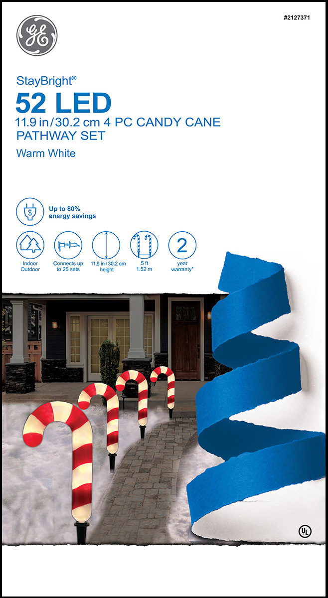 72235 GE StayBright® LED Candy Cane Pathway Set, 4ct, 52 Lights, Warm