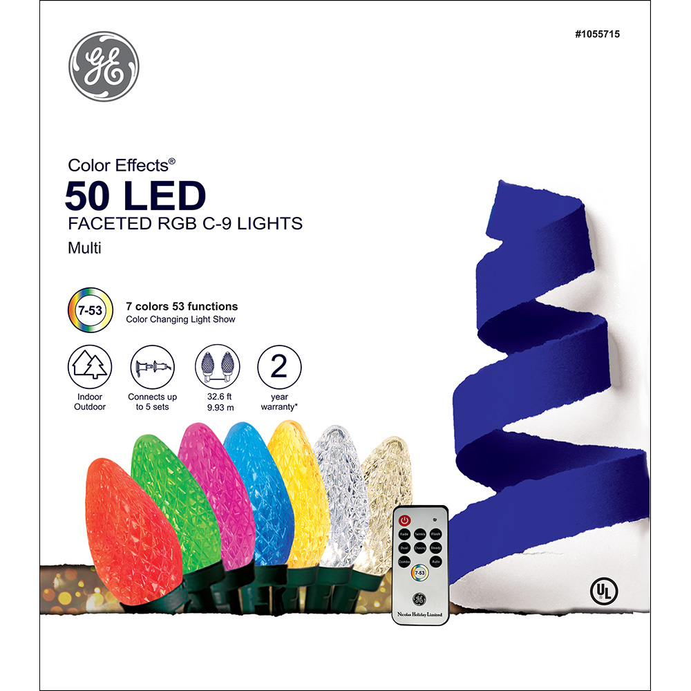 73007 GE Color Effects® LED Faceted C9 Lights, 50ct, RGB Holiday