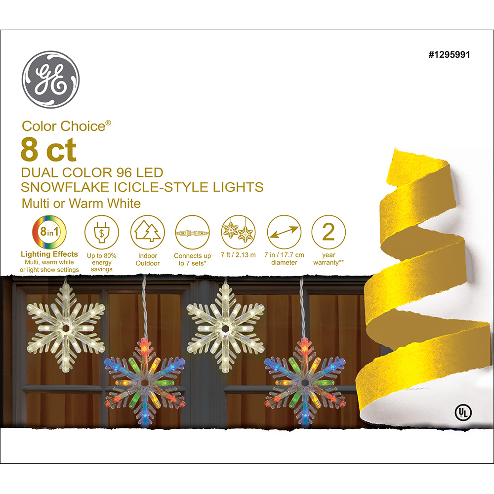 89450 - GE Color Choice® LED Snowflake Icicle-Style Lights, 8 Snowflakes, 96ct, Multi/Warm White ...