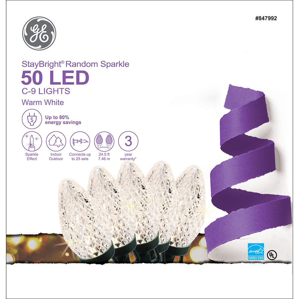 94236 GE StayBright® Random Sparkle LED C9 Lights, 50ct, Warm White