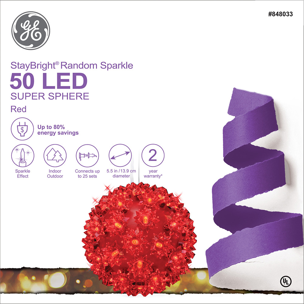 99379 GE StayBright® Random Sparkle LED Super Sphere, 50ct, Red
