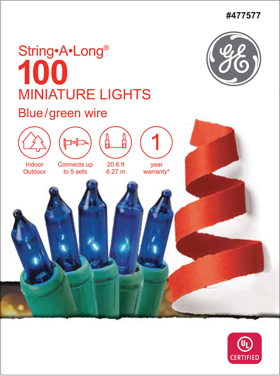 60214 - GE 100ct, Incandescent Lighting – String-A-Long® Miniature Holiday Support Lights, Blue